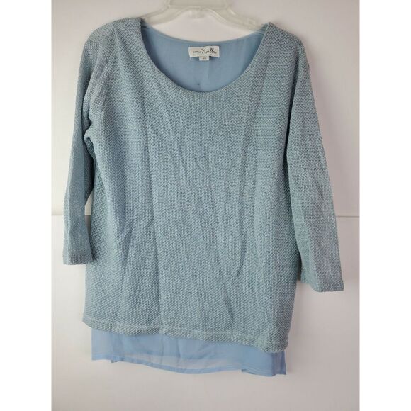Simply‎ Noelle Womens Metallic Knit Sheer Sweater Size S/M Blue Silver - Picture 1 of 6